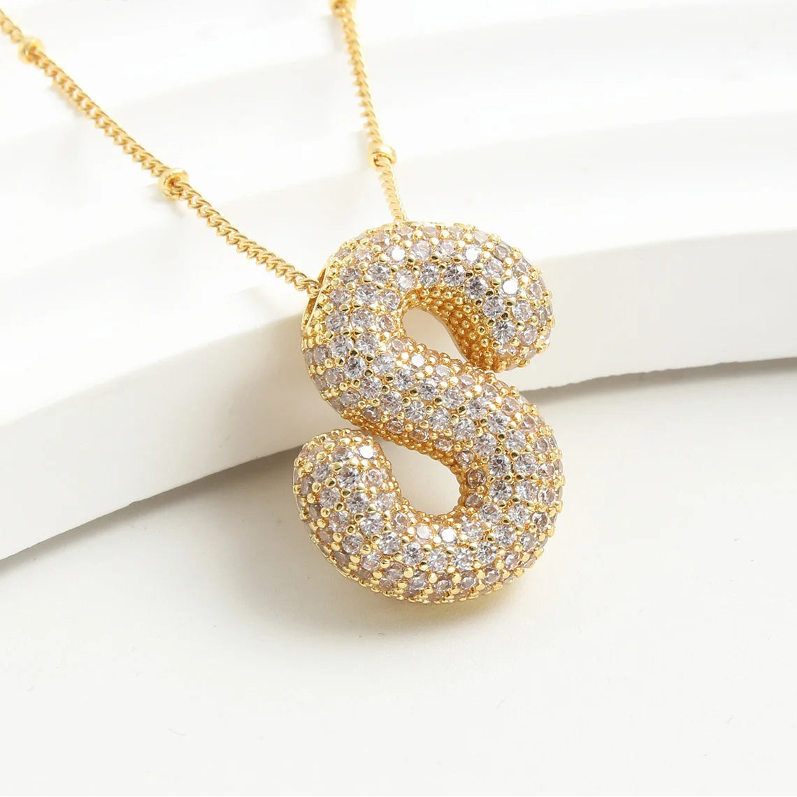 Gold-Style Plated Balloon Initial Zirconia Letter Pendant Necklace