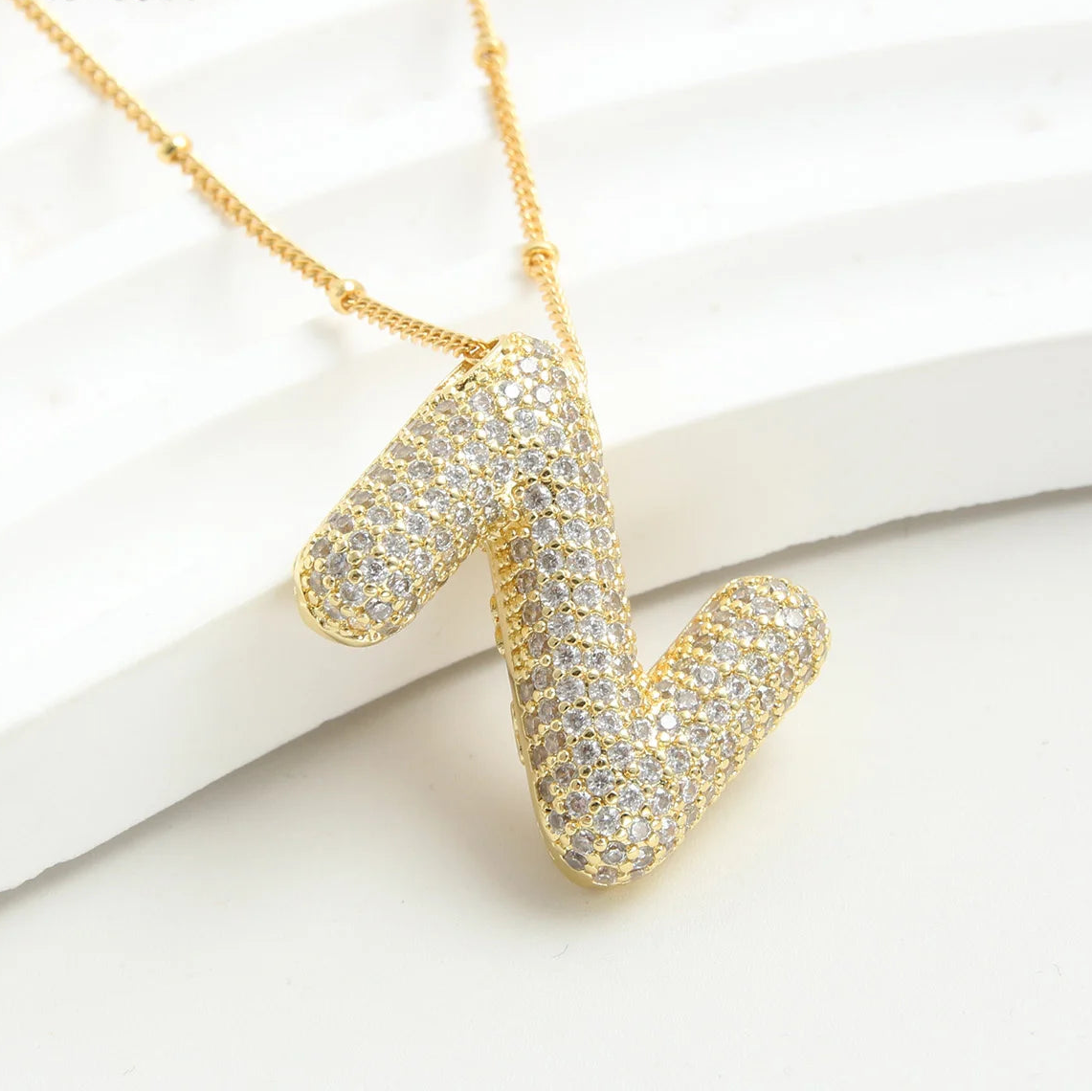 Gold-Style Plated Balloon Initial Zirconia Letter Pendant Necklace