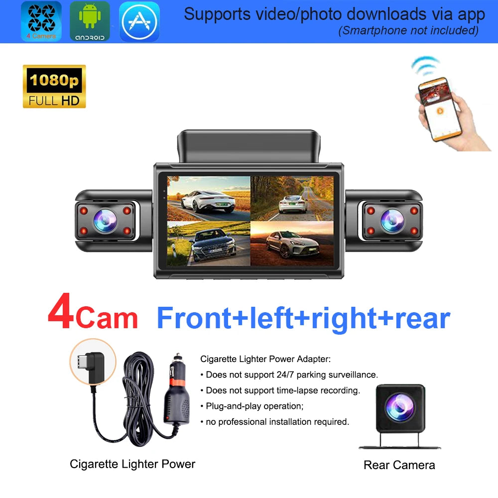4K 4CH Hidden Car DVR with APP 24H Parking Mode G Sensor Motion Detect Loop Record Time Lapse Stealth Recording Night Vision WDR