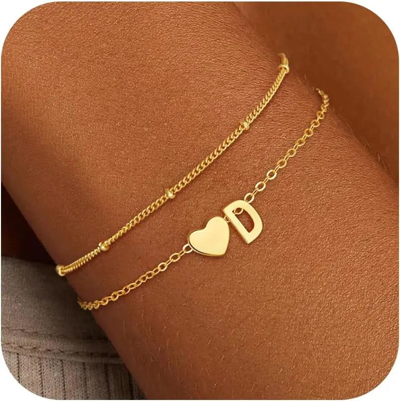 18k Gold-Style Plated Stainless Steel Heart Initial Charm Bracelet