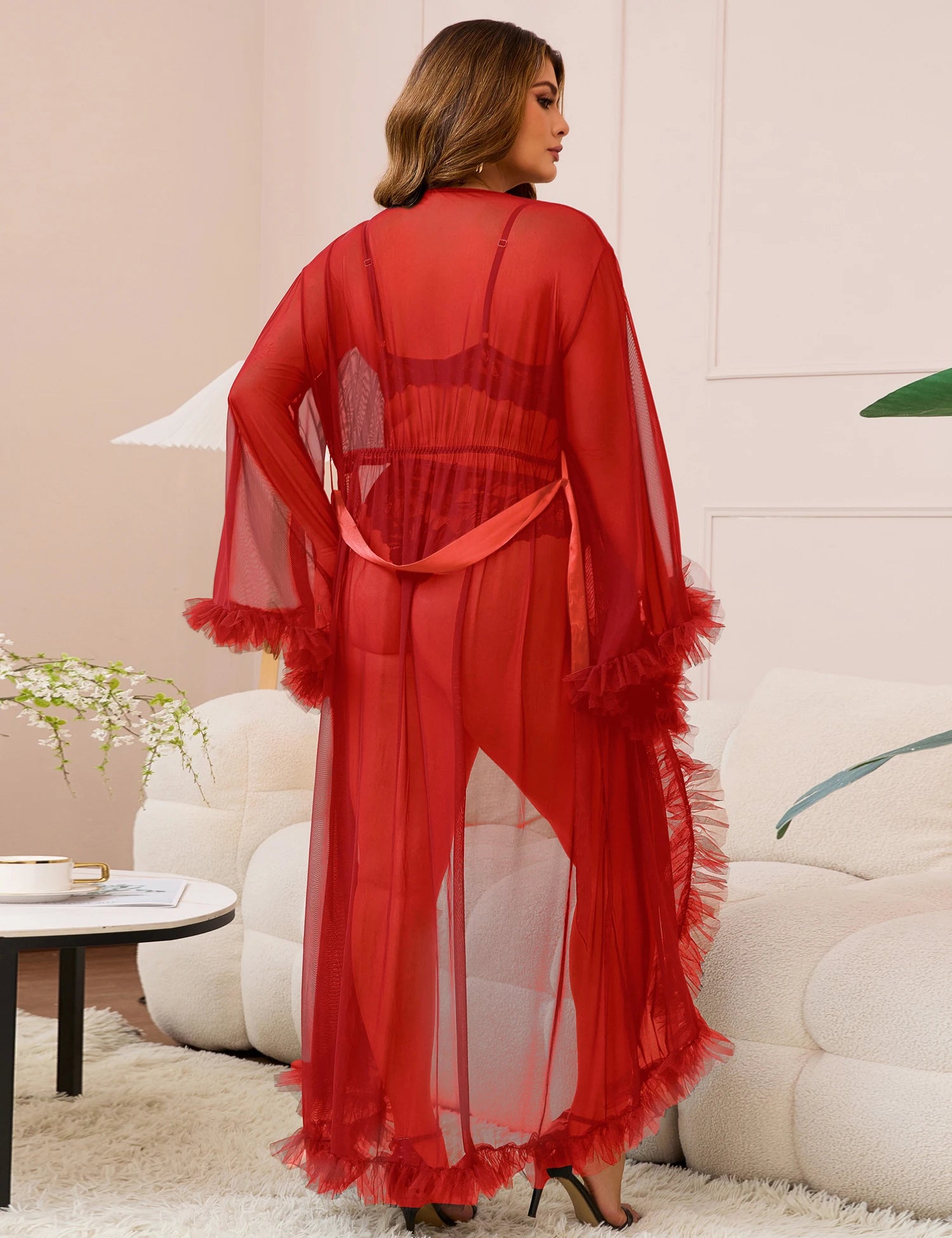 Long Sleeve Lace Kimono Feather Trim Bathrobe