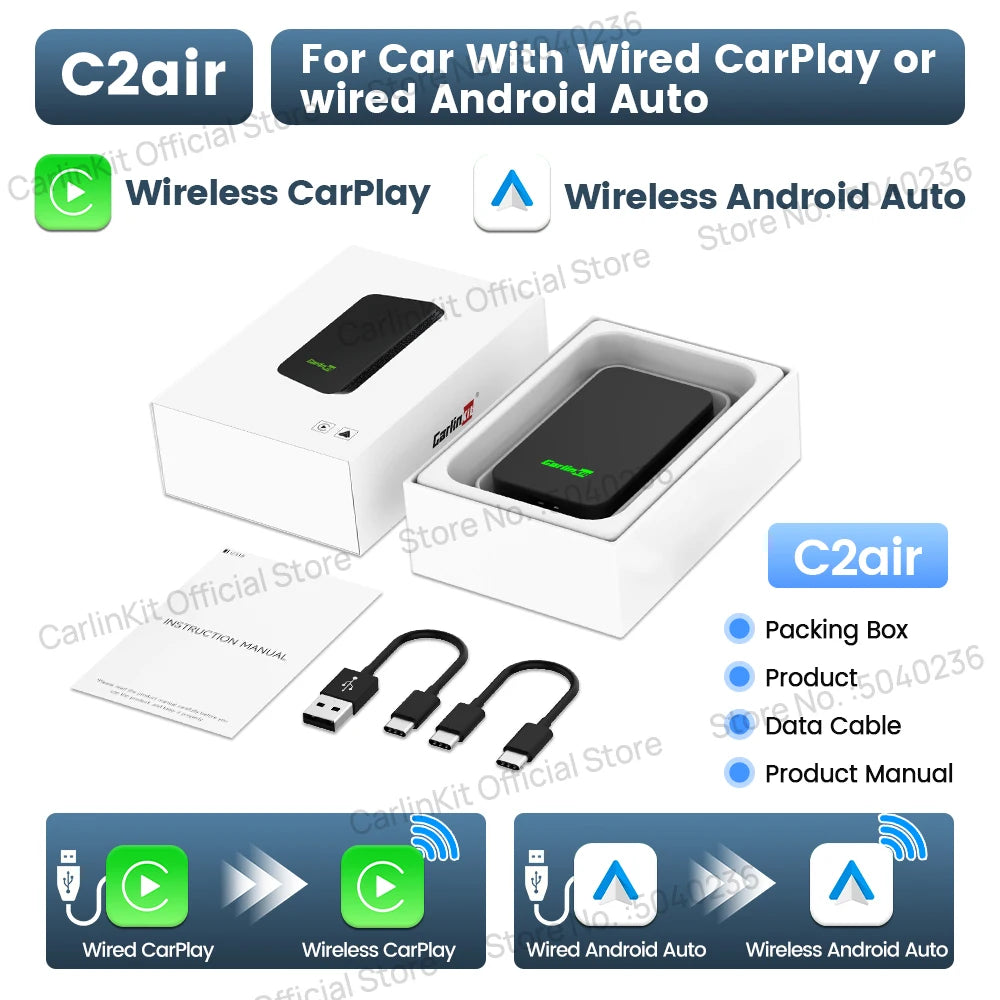 CarlinKit 5.0 C2Air 2-In-1 CarPlay Android Auto Wireless Adapter For Wired CarPlay Android Auto Cars Online Upgrade Plug & Play