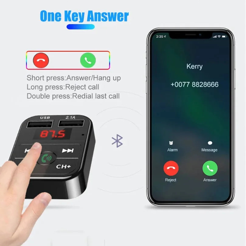 XIKCU LED MP3 Bluetooth FM Audio Receiver Hands-Free Bluetooth 5.0 Transmitter 2.1A 3.1A QC3.0 Type C Dual USB Car kit Charger