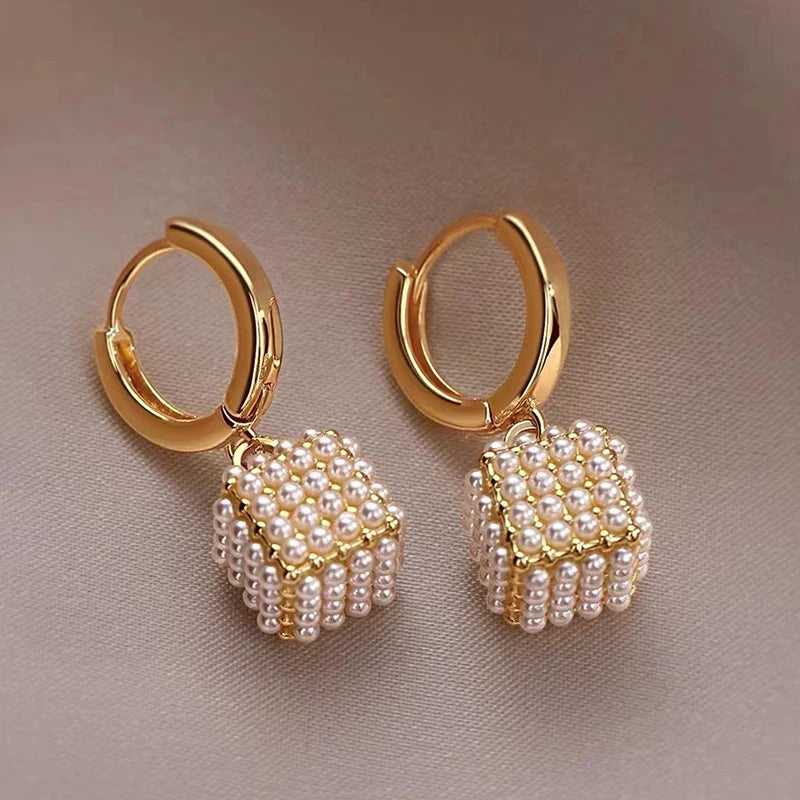 Premium Square Pearl Pendant Drop Earrings Luxury Jewelry