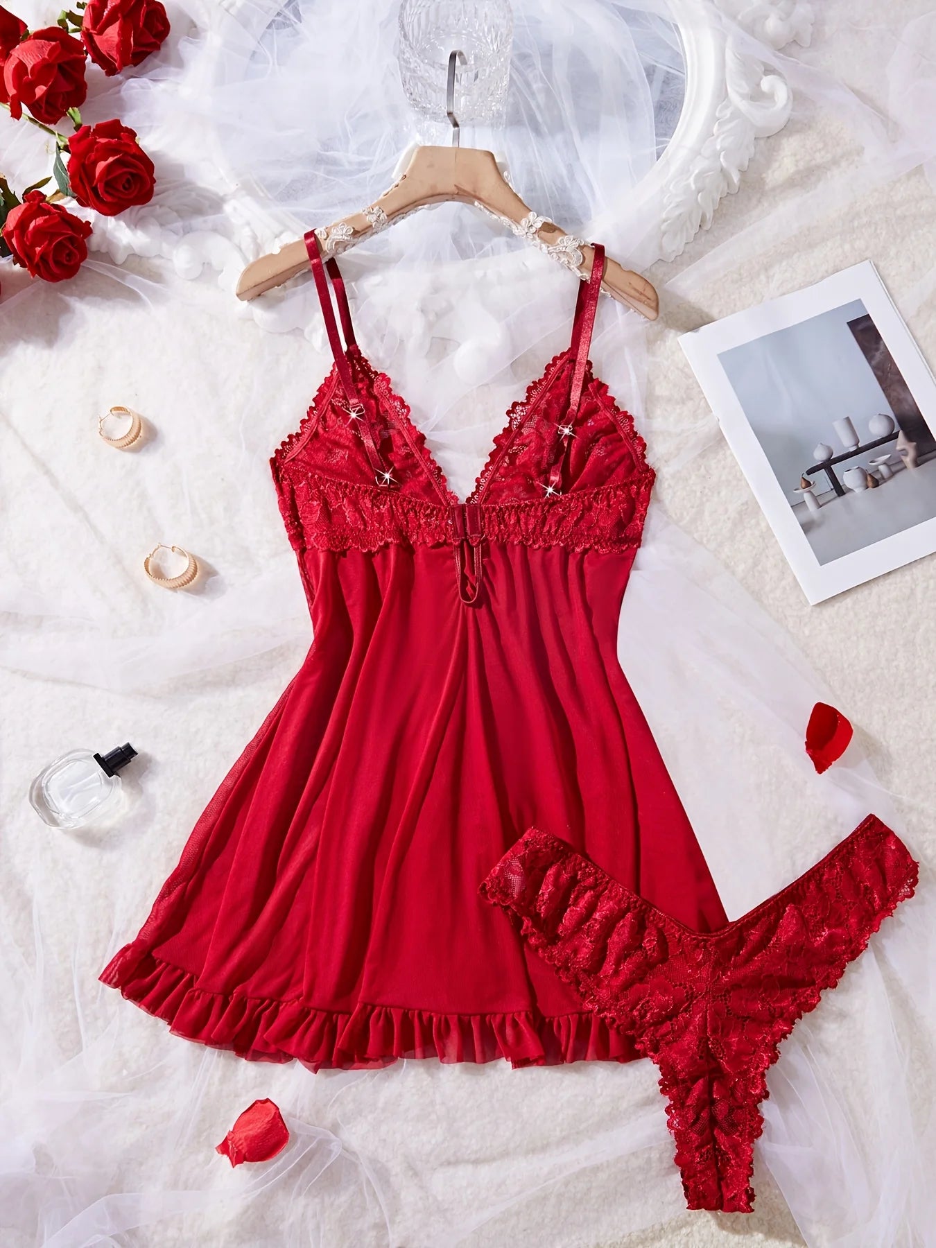 Red Lace V-Neck Nightdress Lingerie Set with Matching Panties