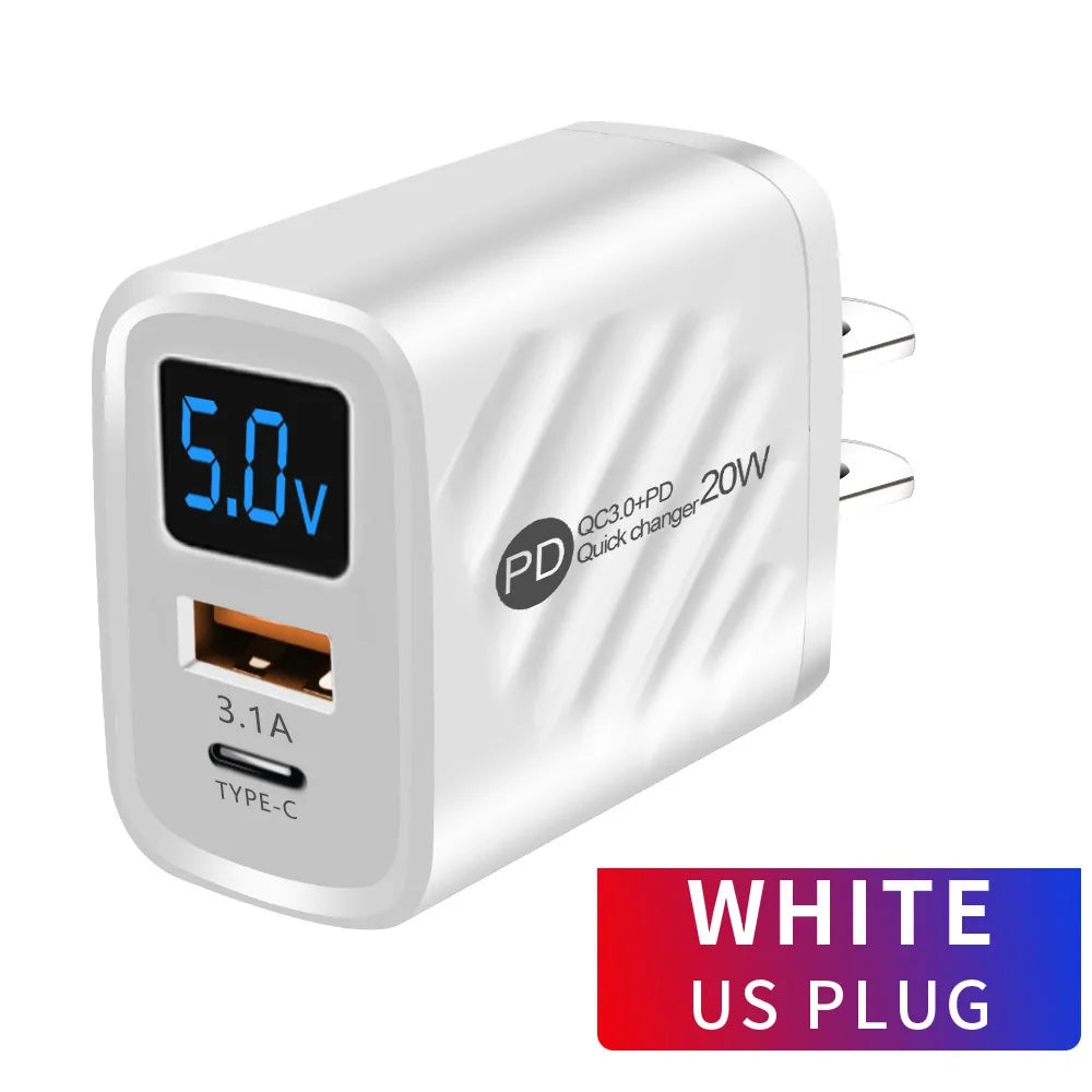20W USB C Fast Charger with LCD Display, 2-Port Multi Charger for iPhone 14 Pro Max, Samsung, Xiaomi, Huawei, Quick Charge 3.0