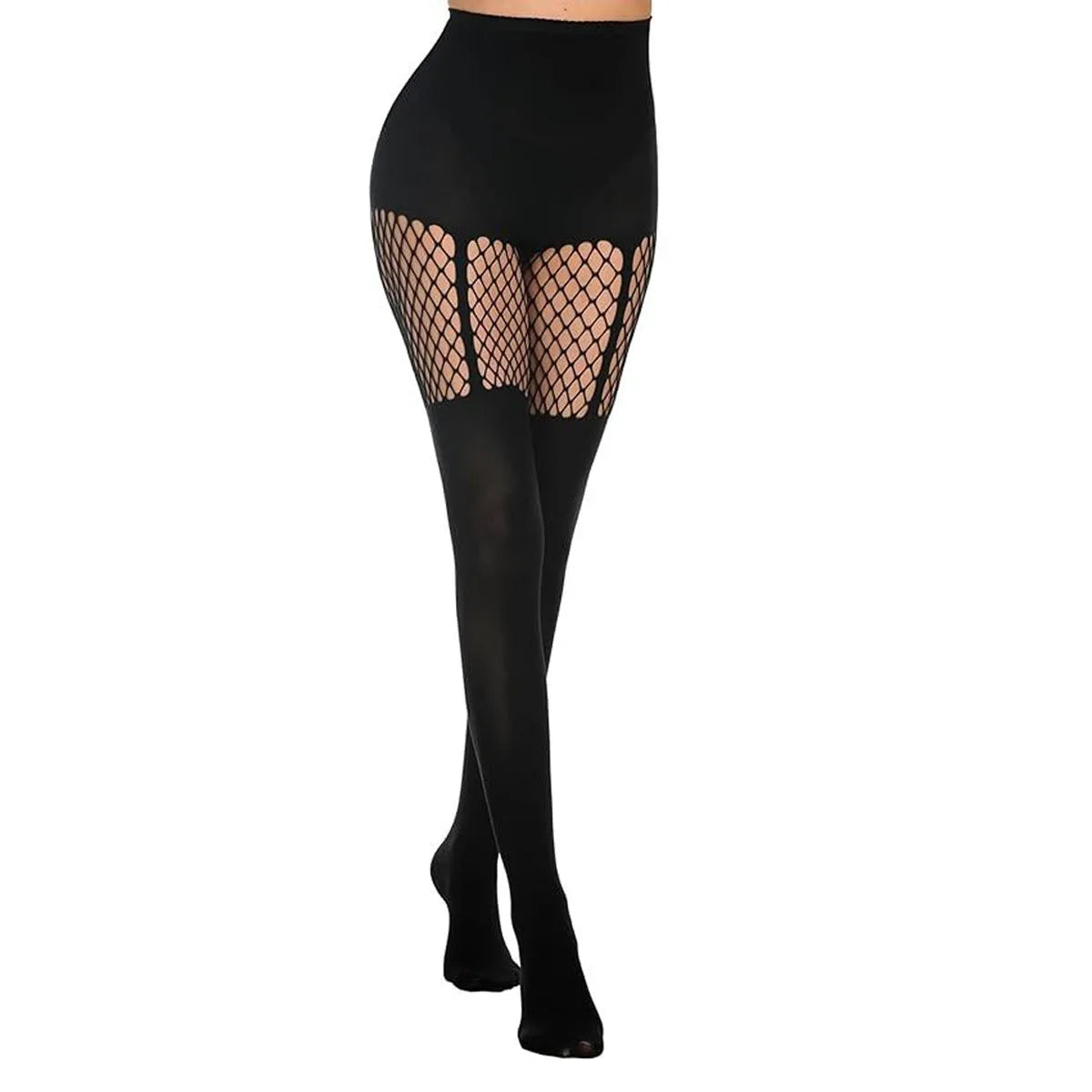 Black Hollow-Out Fishnet Pantyhose Suspender Splice Lingerie Tights