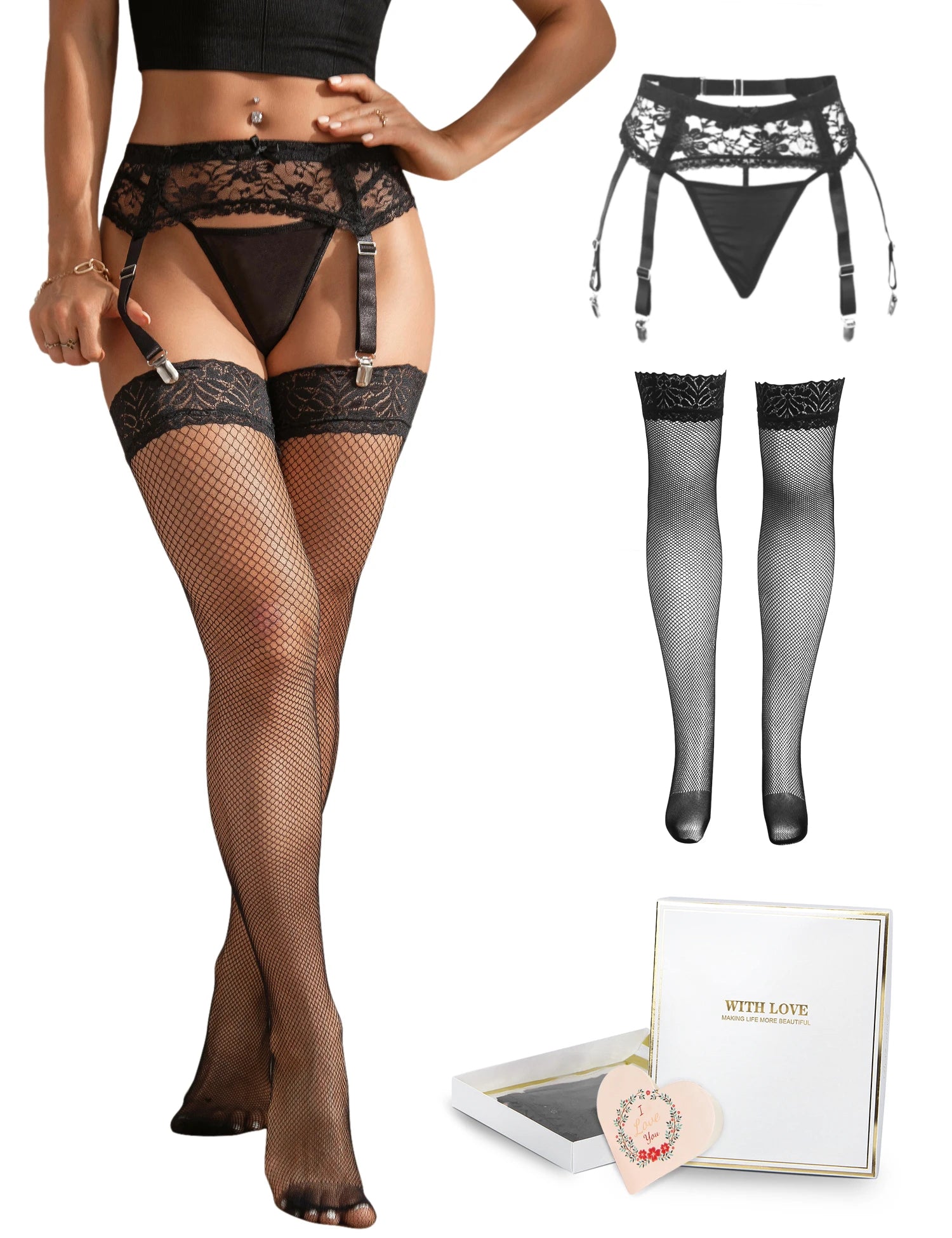 High Waist Lace Garter Belt with Thong
