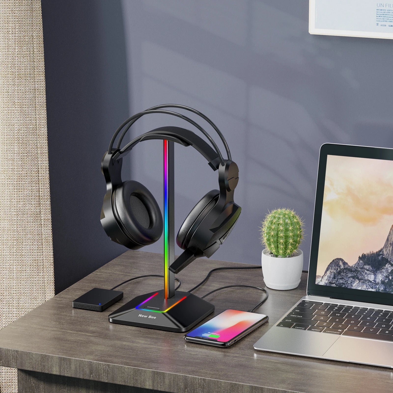 New Bee Z8 RGB Headphones Stand Holder Desk Gaming Headset Cool Display With 2 USB Ports Holder Non-Slip Rubber Base for Gamer