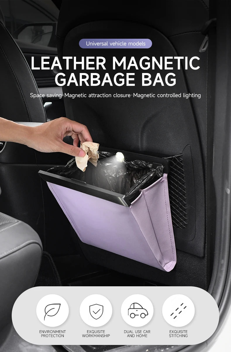New Car Trash Bag Superior PU Leather with LED Light and Magnet Closure Design Waterproof Vehicle Rubbish Container Garbage Can