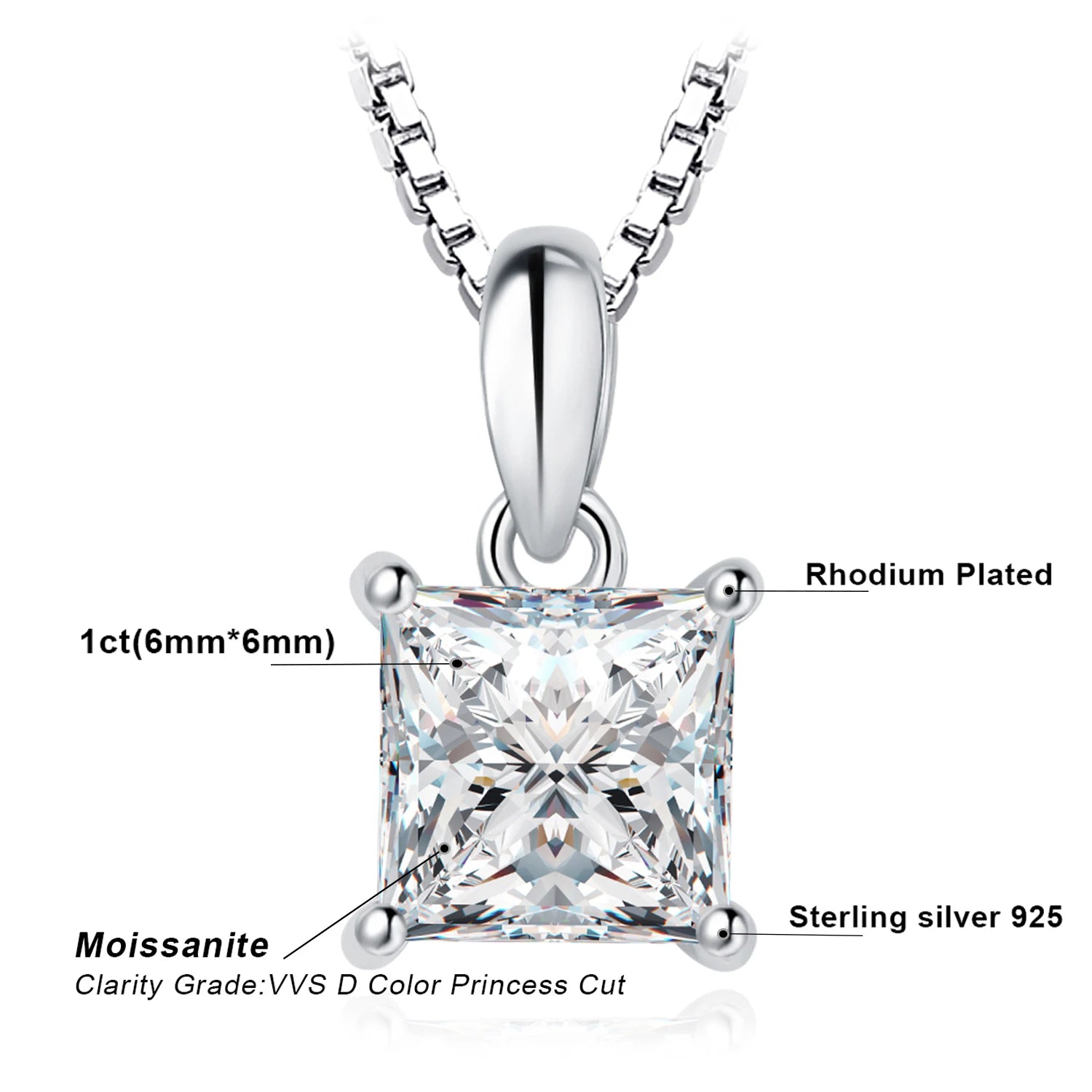 925 Sterling Silver D Color Princess Cut Moissanite Necklace