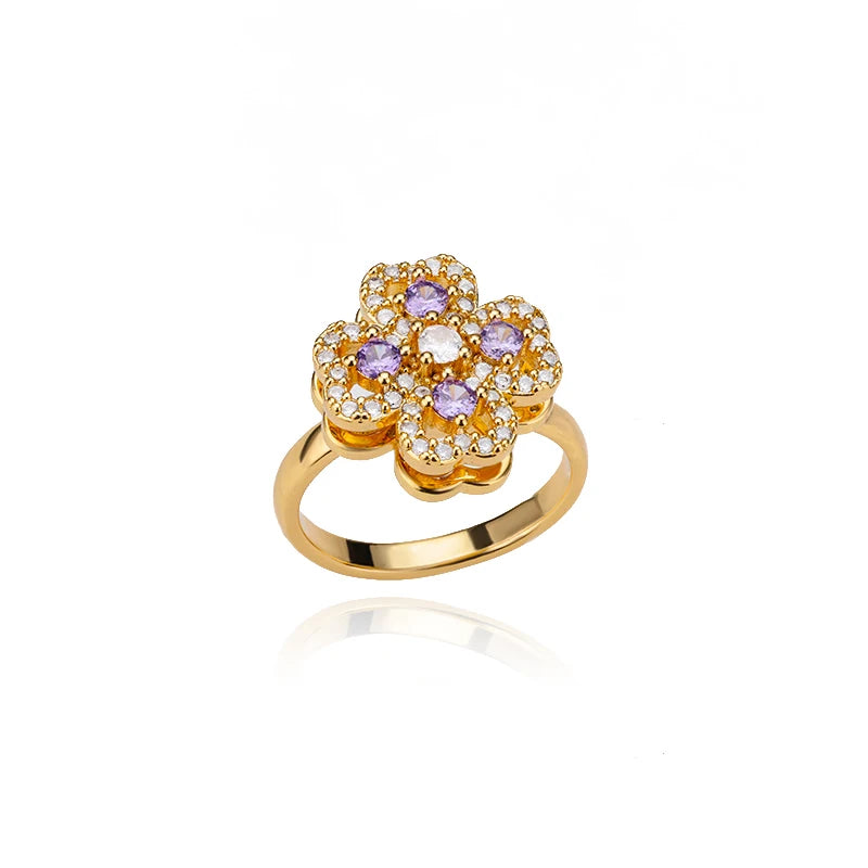18K Gold Zircon Heart Clover Spinner Anxiety Ring