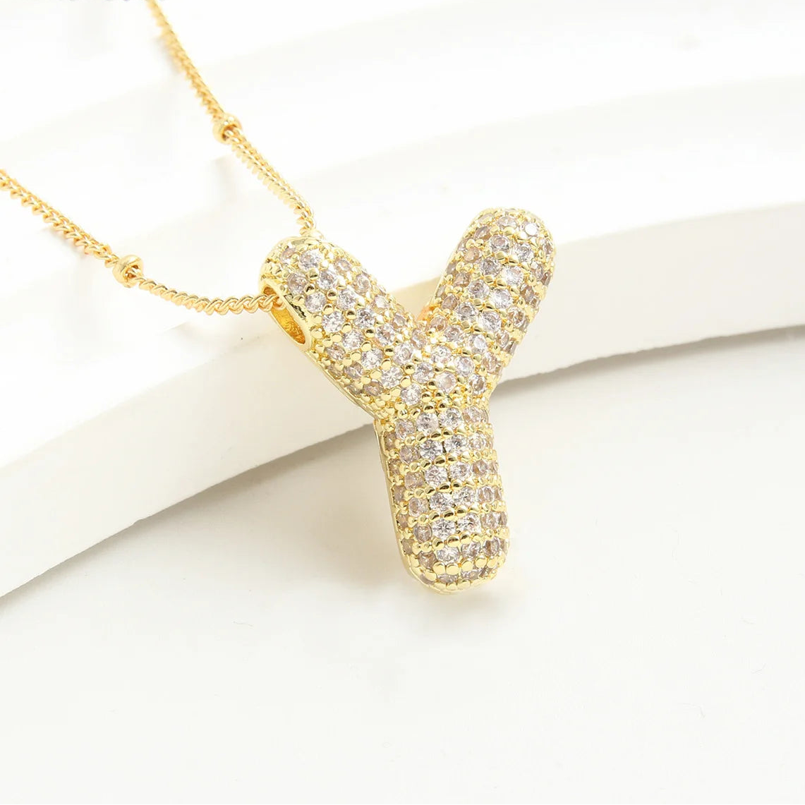 Gold-Style Plated Balloon Initial Zirconia Letter Pendant Necklace