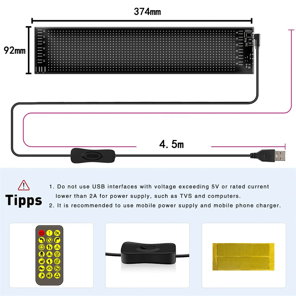 LED Matrix Pixel Panel USB 5V RGB Car Sign Bluetooth App Control Flexible Addressable Pattern Graffiti Scrolling Text Animation