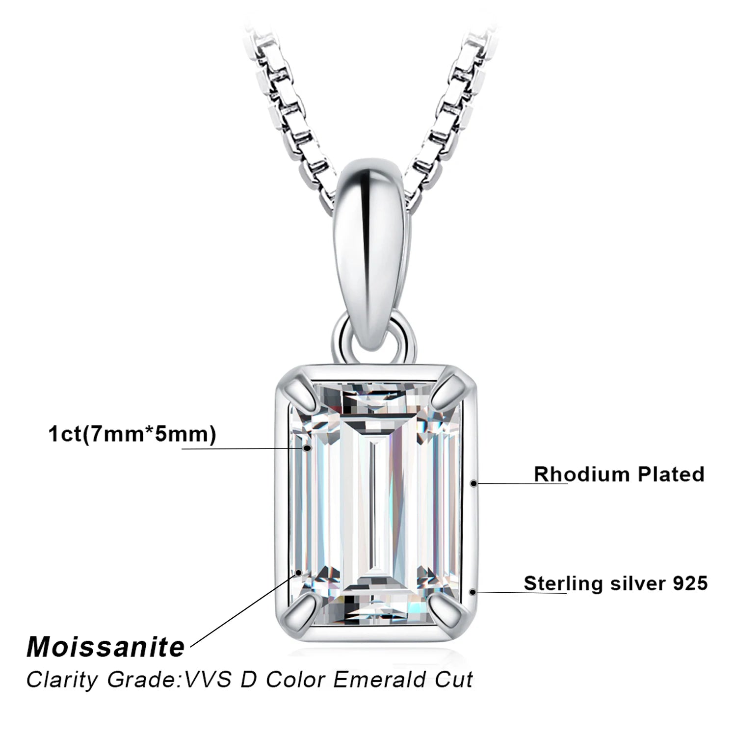 925 Sterling Silver Emerald Cut Moissanite Pendant Necklace