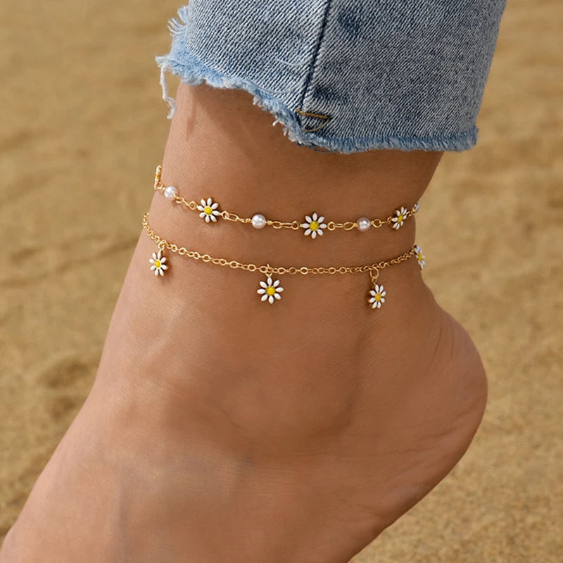Pearl Daisy Flower Anklet Summer Beach Foot Jewellery