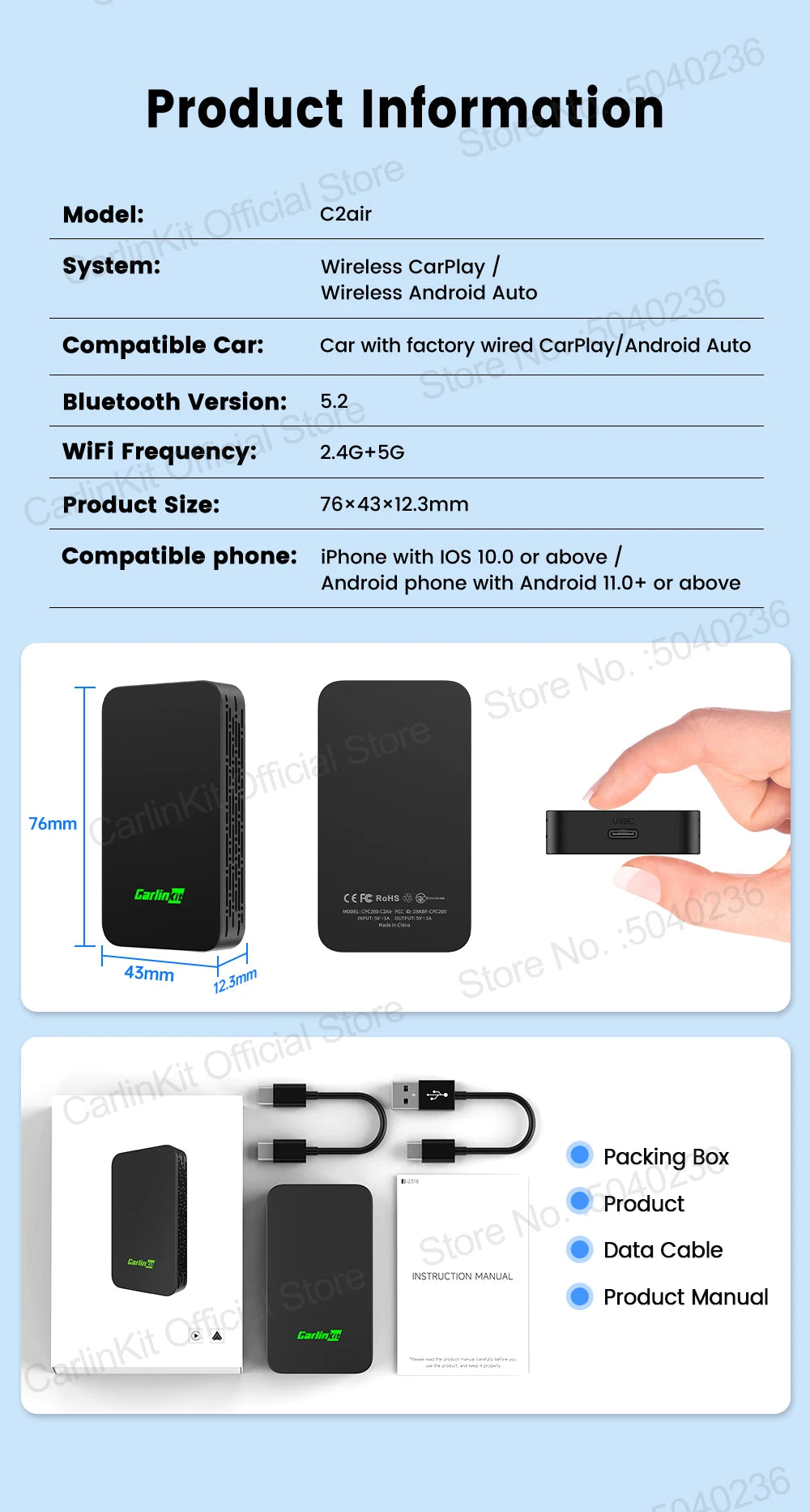 CarlinKit 5.0 C2Air 2-In-1 CarPlay Android Auto Wireless Adapter For Wired CarPlay Android Auto Cars Online Upgrade Plug & Play