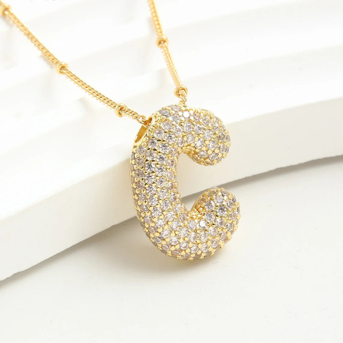 Gold-Style Plated Balloon Initial Zirconia Letter Pendant Necklace
