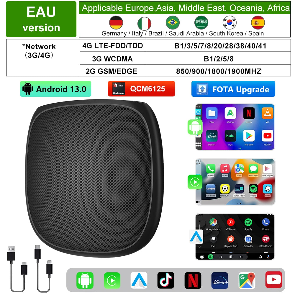 FLIXIVI CarPlay Ai Box 8+128G Android 13 Wireless Carplay Adapter/Android Auto QCM6125 8-Cores  CPU 4G LTE for VW Audi Kia Fiat