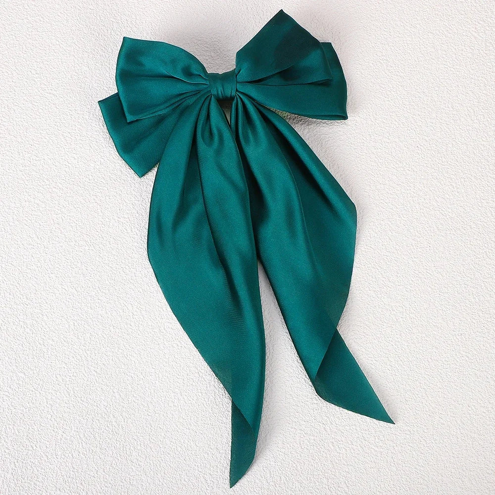 Elegant Long Satin Bow Hair Clip Large Chiffon Barrette
