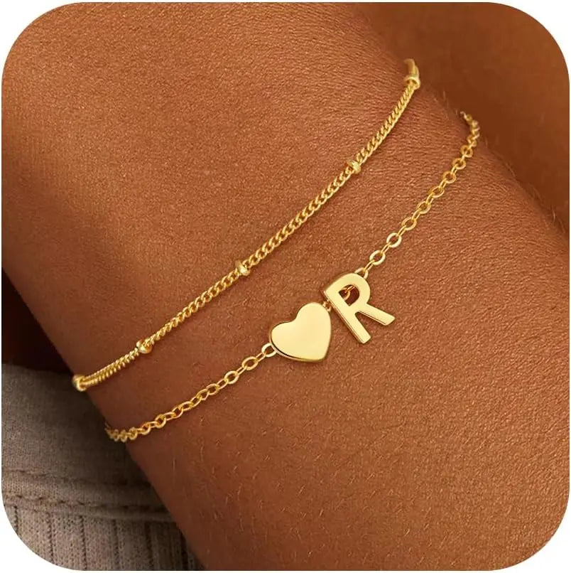 18k Gold-Style Plated Stainless Steel Heart Initial Charm Bracelet