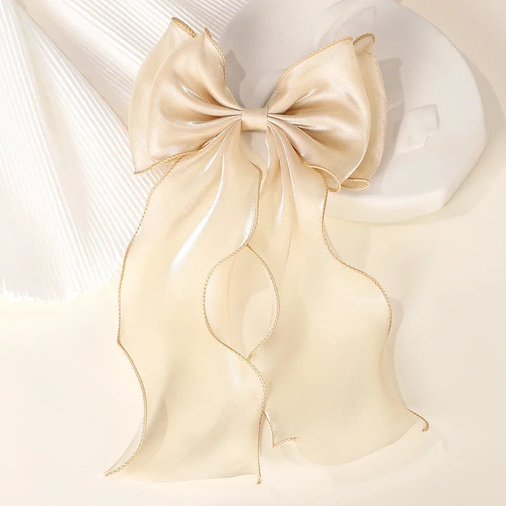 Elegant Long Satin Bow Hair Clip Large Chiffon Barrette