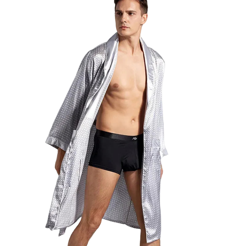 Roupa de Dormir Masculina Plus Size 3GG 4GG 5GG Robe Azul Marinho com Riscas Kimono Roupão com Bolso Verão Cetim Roupa de Casa Loungewear