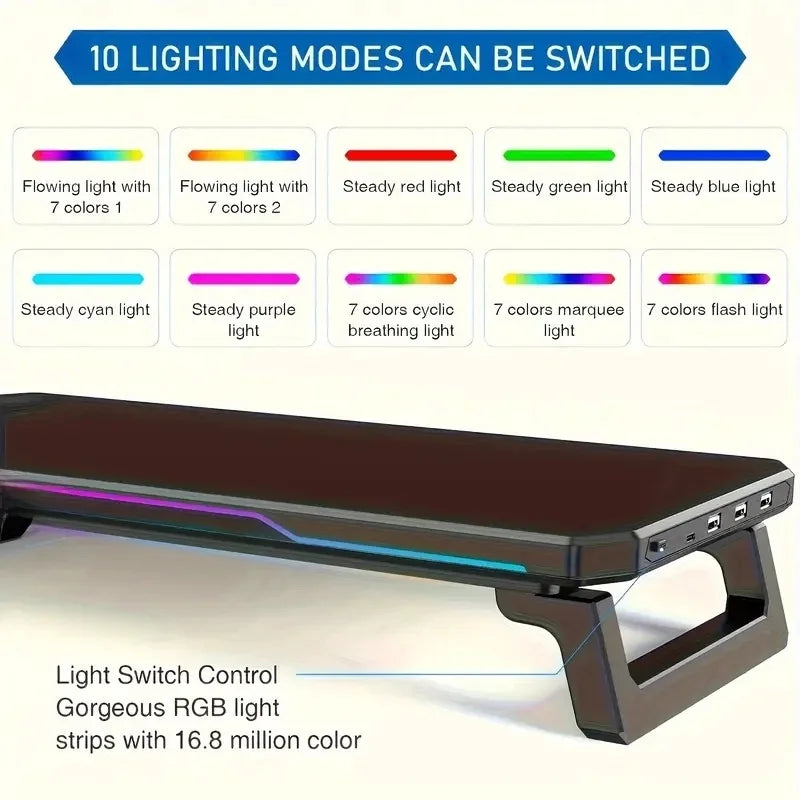 ITLY RGB Monitor Stand with 3 USB Ports Data Transfer  Charging  Desktop Organizer for PC and Laptops up to 19.6 Inches NEW