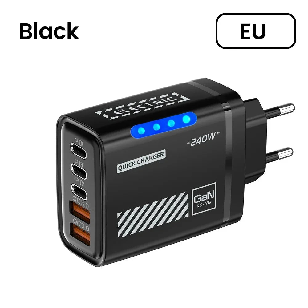 240W GaN 5 Port Fast Charging Station 3PD 2USB Desk Adapter For iPhone 17 16 15 Pro Samsung Xiaomi EU US Wall Plug USB C Charger