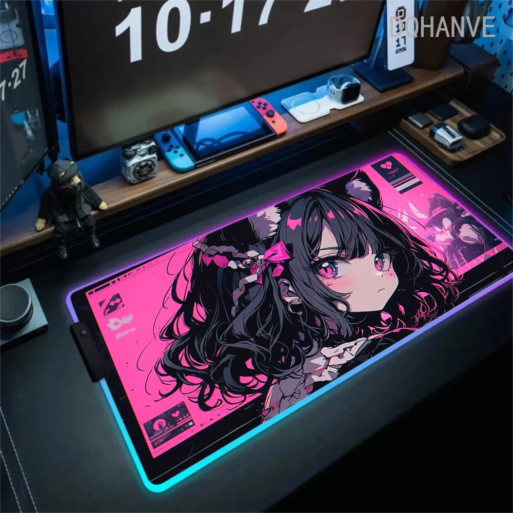 Pink Girls RGB Anime Rubber Mouse Pads XXL Cute Large LED Lighting PC Computer Mousepad Colorful Glowing Deskmat Backlight Mat