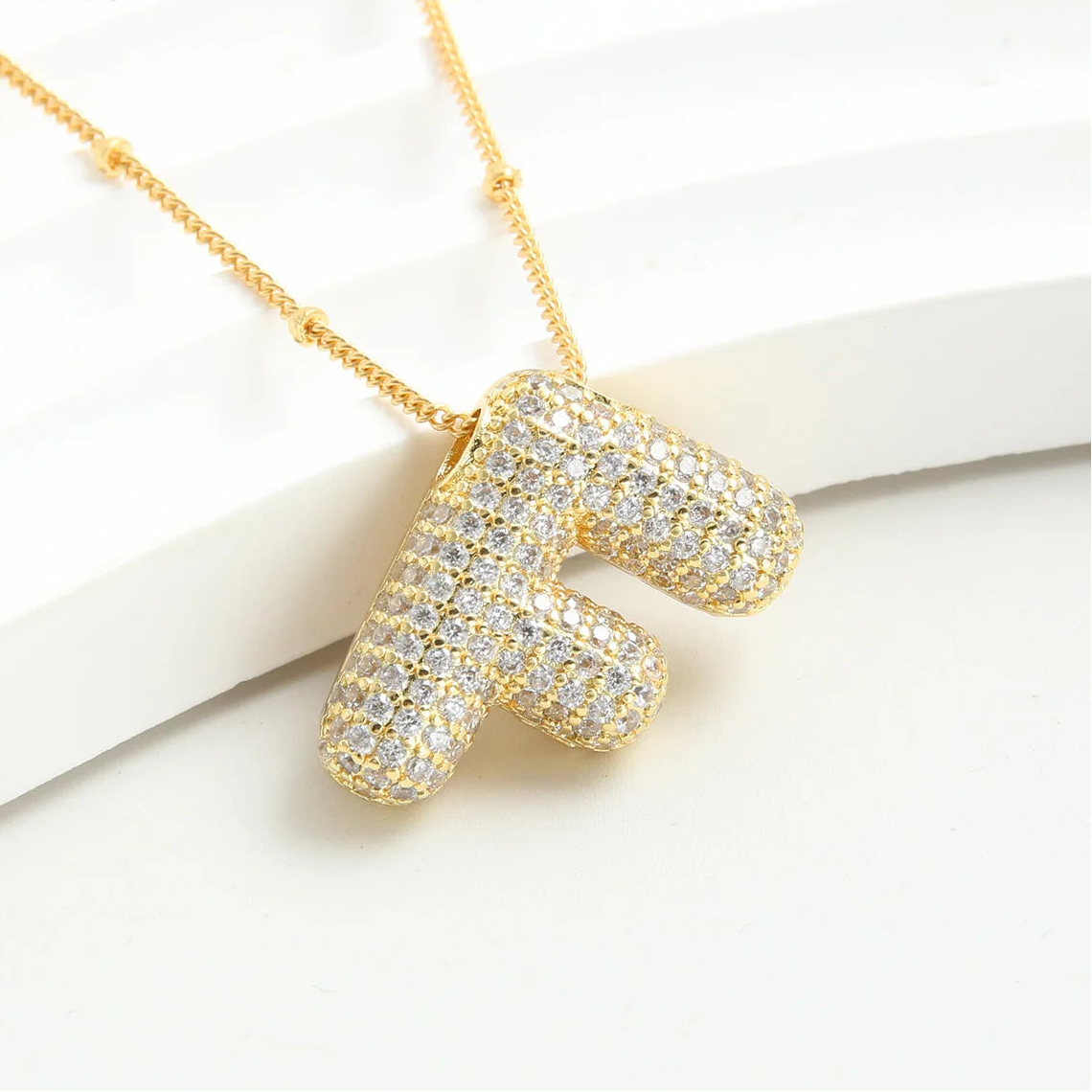 Gold-Style Plated Balloon Initial Zirconia Letter Pendant Necklace