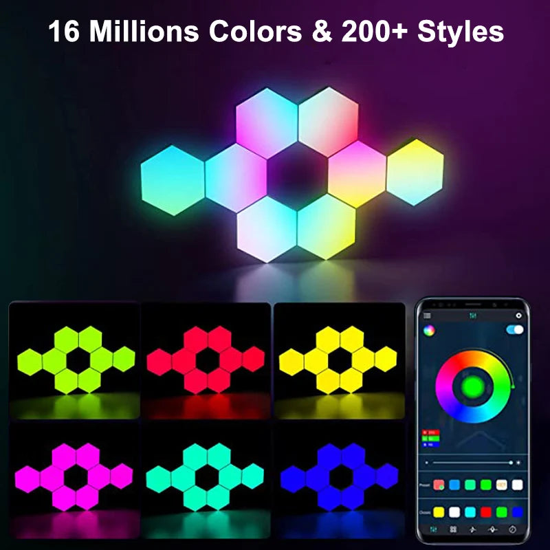 Luz Hexagonal LED RGB Bluetooth Interior Controlo Remoto APP Candeeiro de Cabeceira Decoração de Quarto Sala de Jogos de Computador