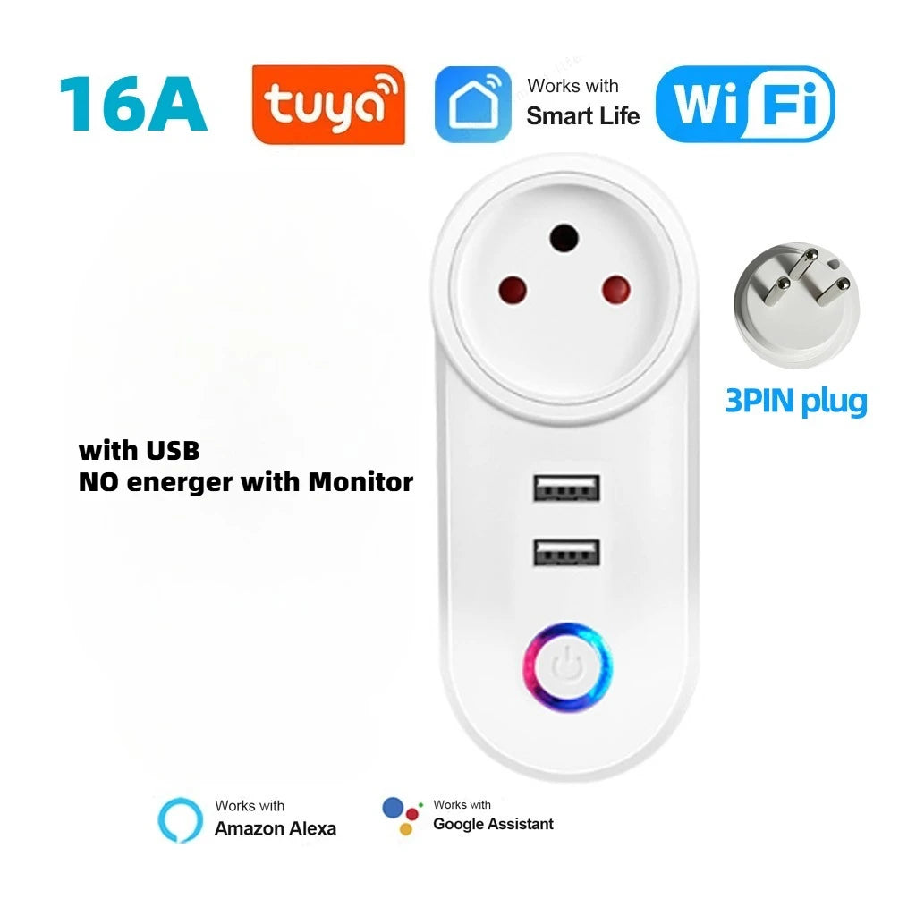 Tomada inteligente WIFI Israel 16A com Bluetooth USB - Tomada ISR IL - Temporizador de Voz Remoto - Tuya/Alexa/IFTTT/Automação Residencial Smart Life