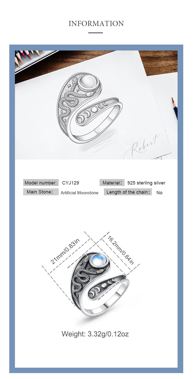 925 Sterling Silver Triple Moon Snake Moonstone Adjustable Ring