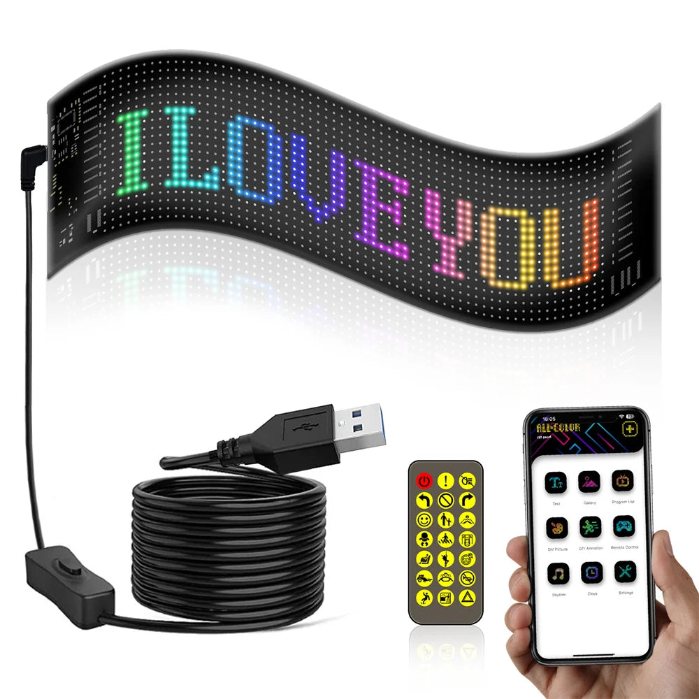 LED Matrix Pixel Panel USB 5V RGB Car Sign Bluetooth App Control Flexible Addressable Pattern Graffiti Scrolling Text Animation