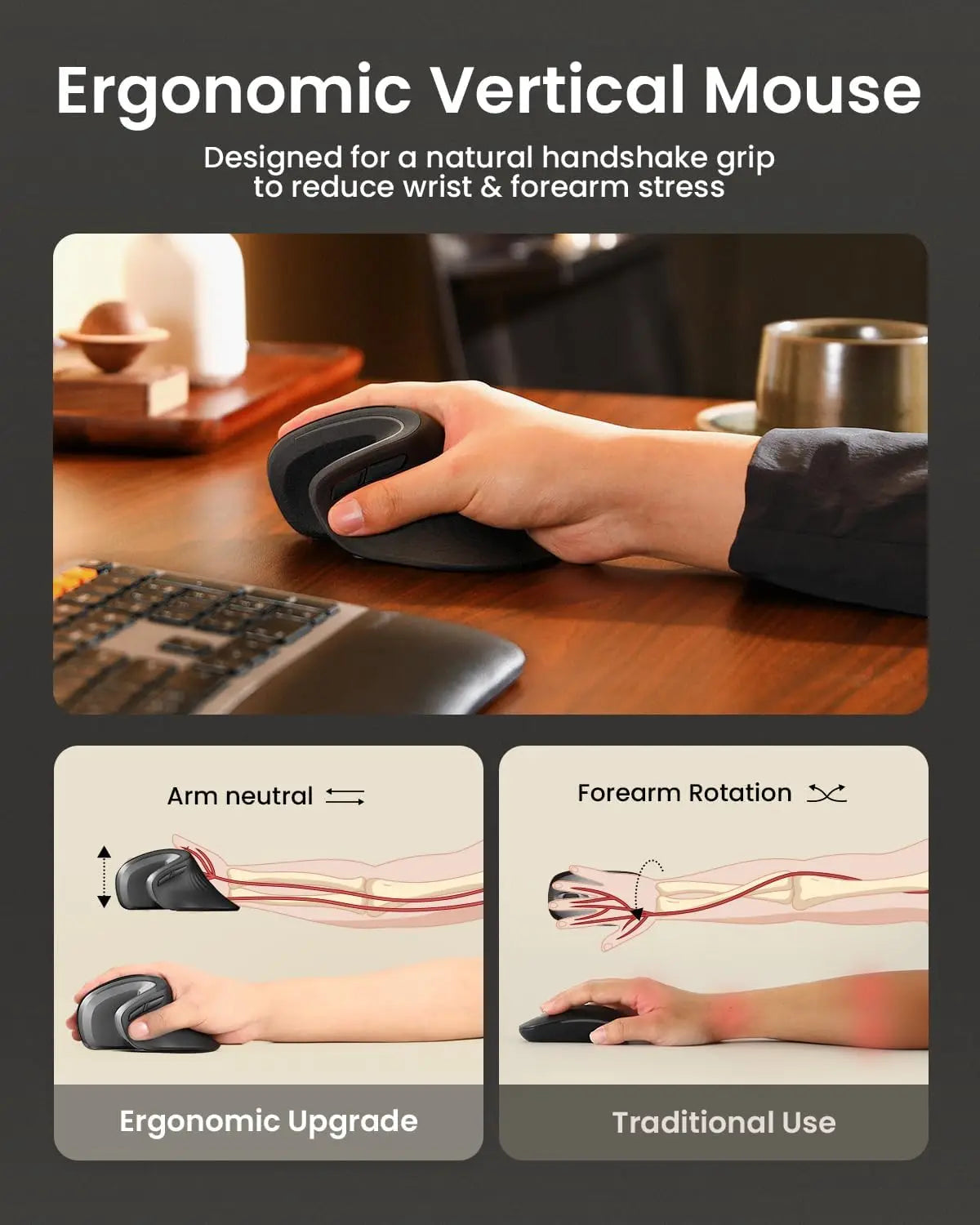 ProtoArc Ergonomic Mouse, EM11 NL Bluetooth Rechargeable Wireless Vertical Mouse 3 Multi-Device Connectivity for Computer/PC