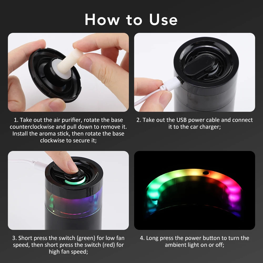 Mini Car Air Purifier Eliminate Pet/Smoke Odor Purification Ionizer Gift Aroma Stick Negative Ion Air Freshener  Ambient Light