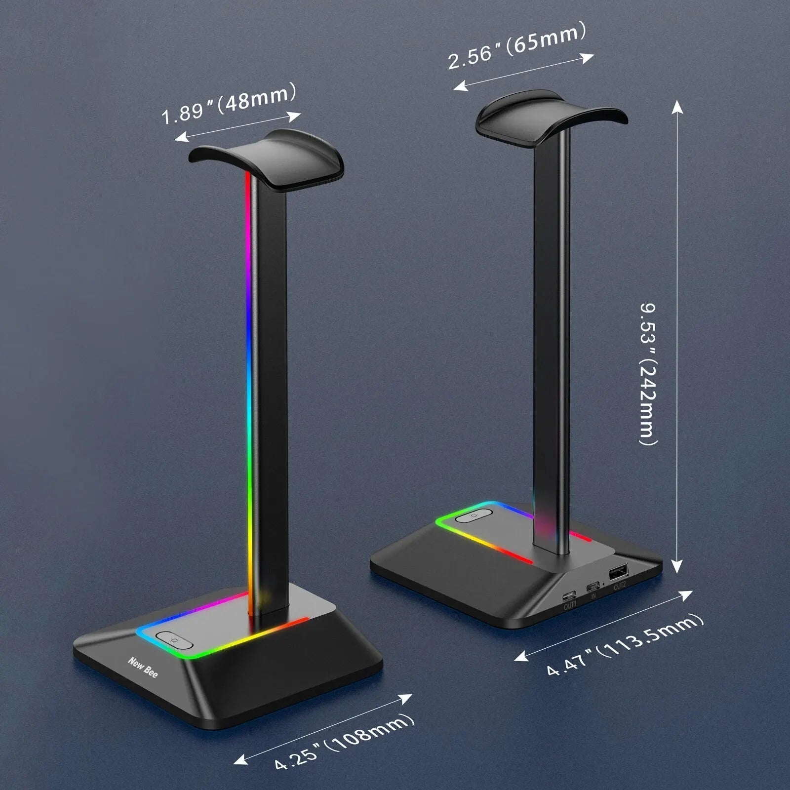 New Bee Z8 RGB Headphones Stand Holder Desk Gaming Headset Cool Display With 2 USB Ports Holder Non-Slip Rubber Base for Gamer
