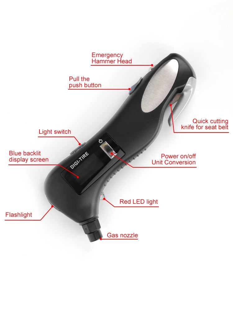 Digital tire pressure gauge, emergency lighting flashlight, car escape hammer, seat belt cutter, multi-functional self-rescue to