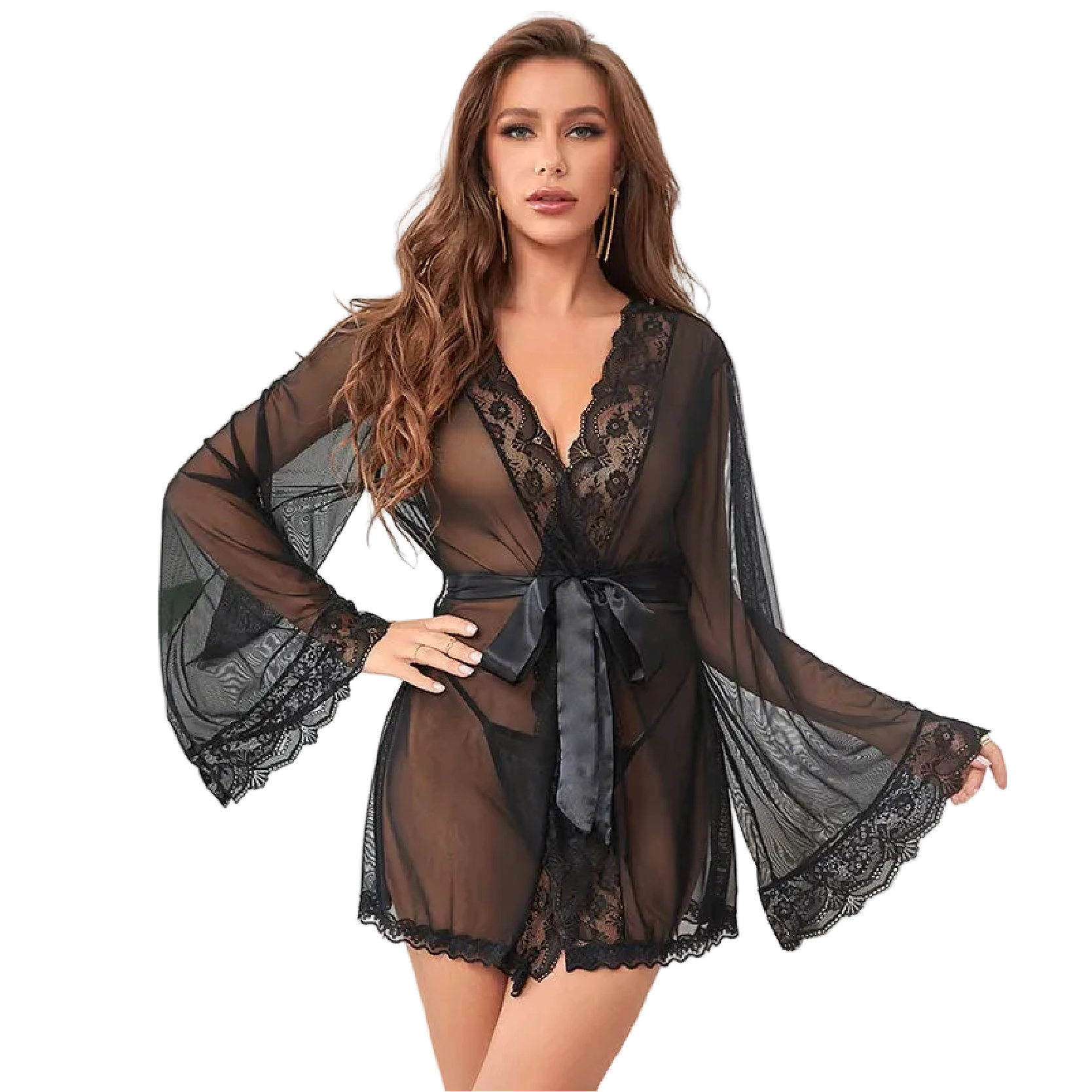 Lace Transparent Babydoll Kimono Lingerie Set
