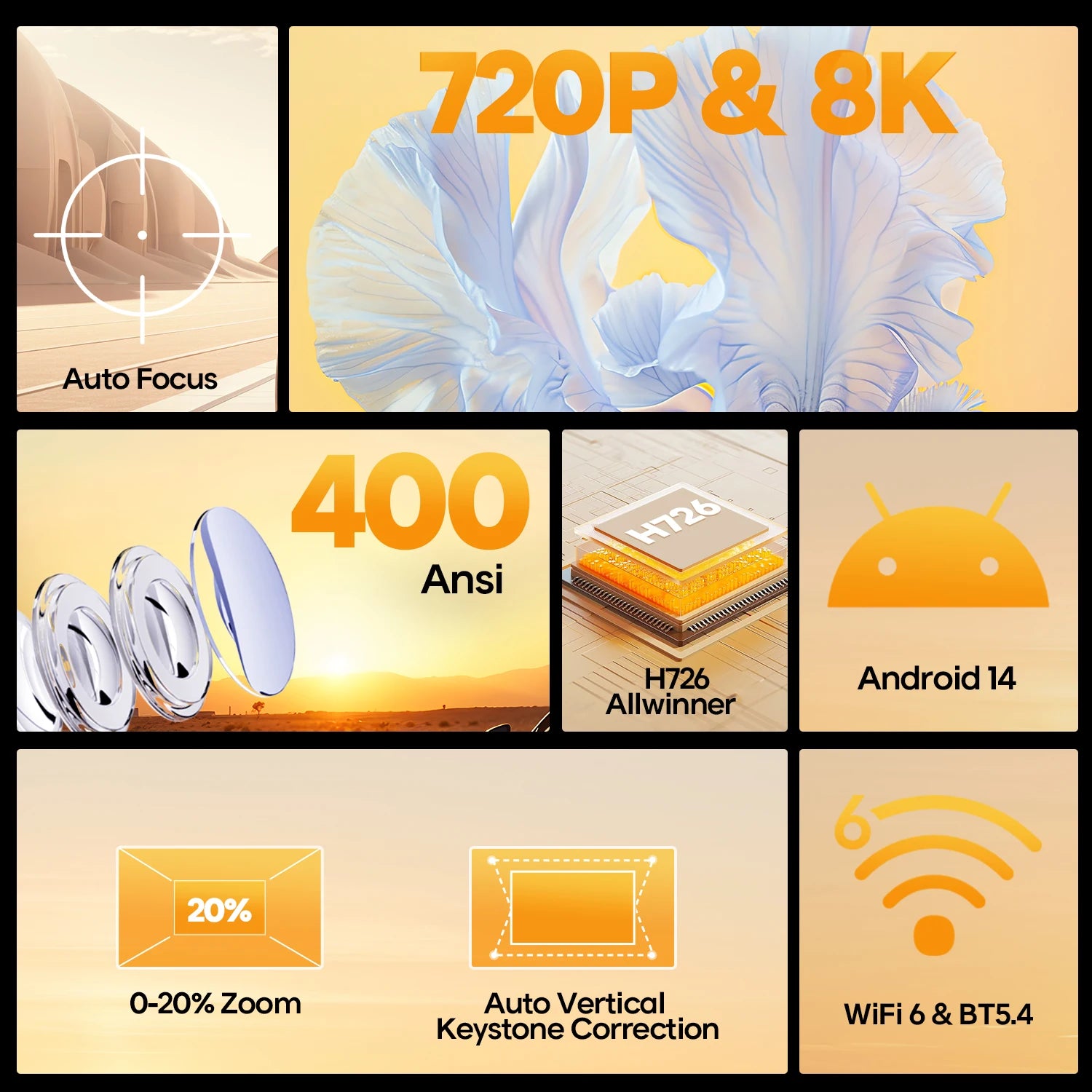 Magcubic Auto Focus Android 14 4K Projector 400ANSI 8K Native 720P HY300Max With Wifi6 BT5.4 Allwinner H726 Portable Outdoor