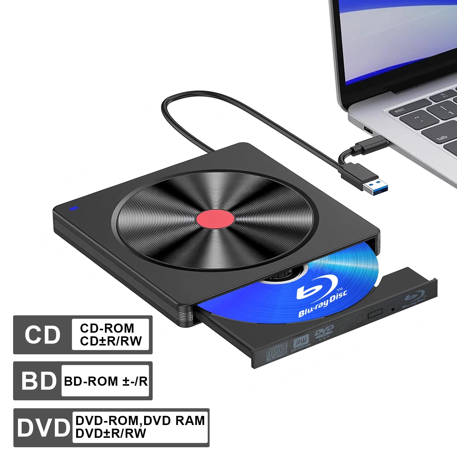 External Blu-ray Drive, USB 3.0 & Type-C BD Reader, DVD/CD Burner – Portable Blu-ray Player for Laptop PC, Windows/Linux/Mac OS
