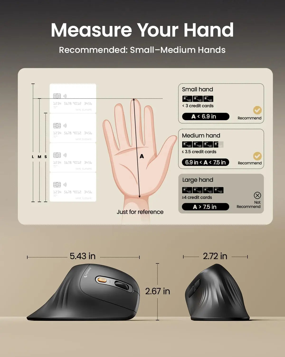 ProtoArc Ergonomic Mouse, EM11 NL Bluetooth Rechargeable Wireless Vertical Mouse 3 Multi-Device Connectivity for Computer/PC