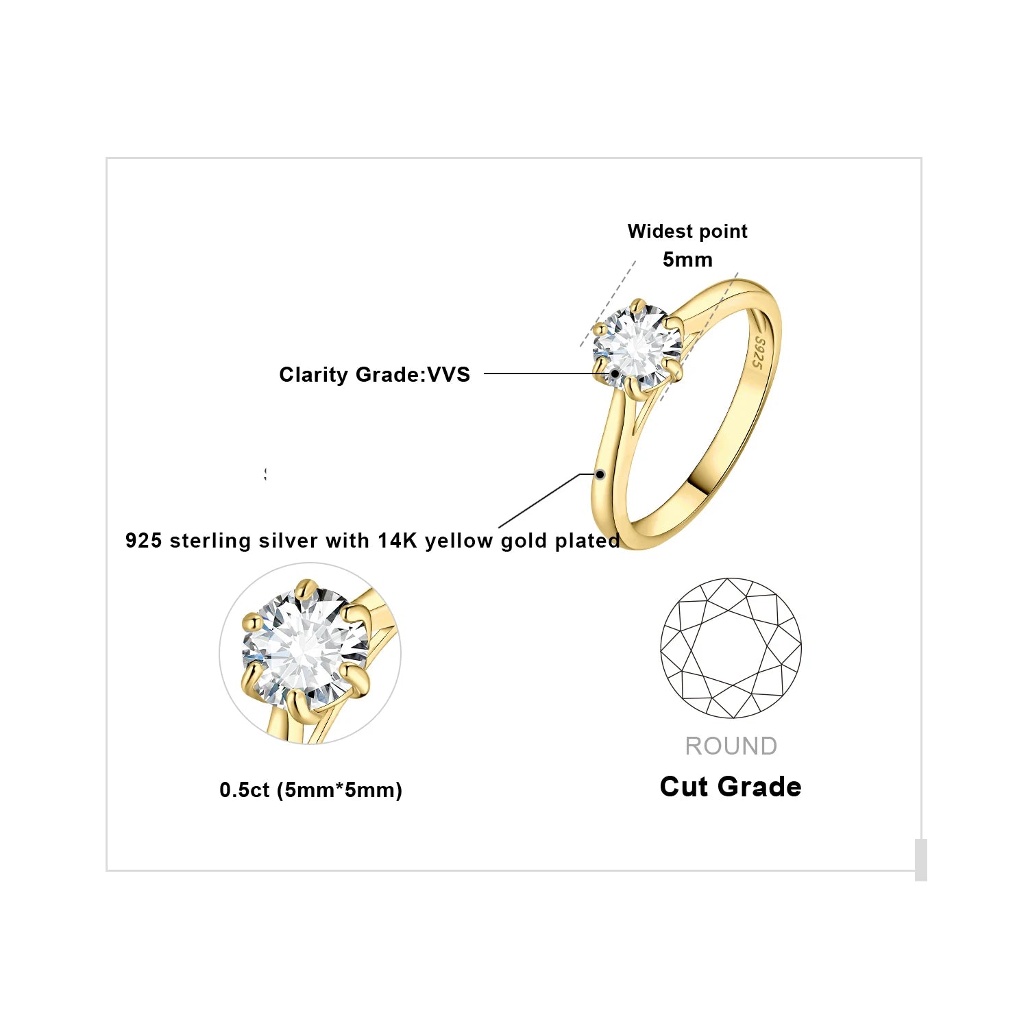 925 Sterling Silver D Color 6-Claw Moissanite Solitaire Ring