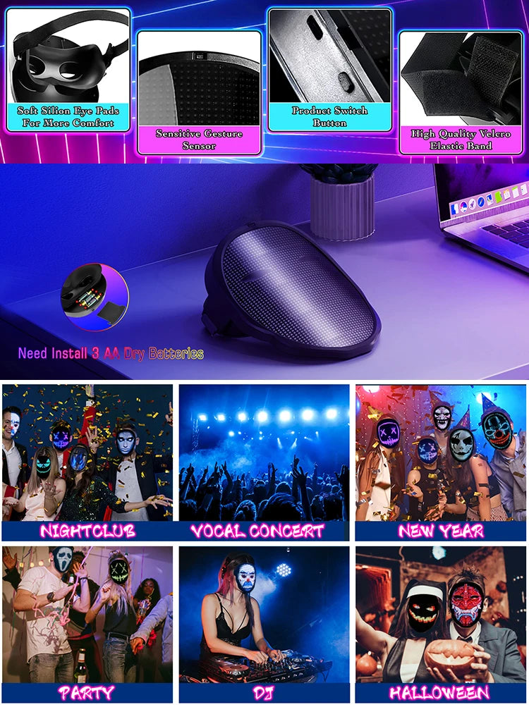 Party LED Light up Mask Gesture Sensing LED Masks Programmable App Control Face Transforming Mask for Halloween Christmas