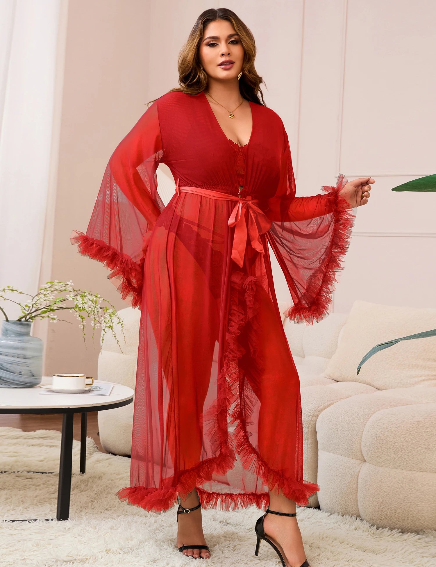 Long Sleeve Lace Kimono Feather Trim Bathrobe