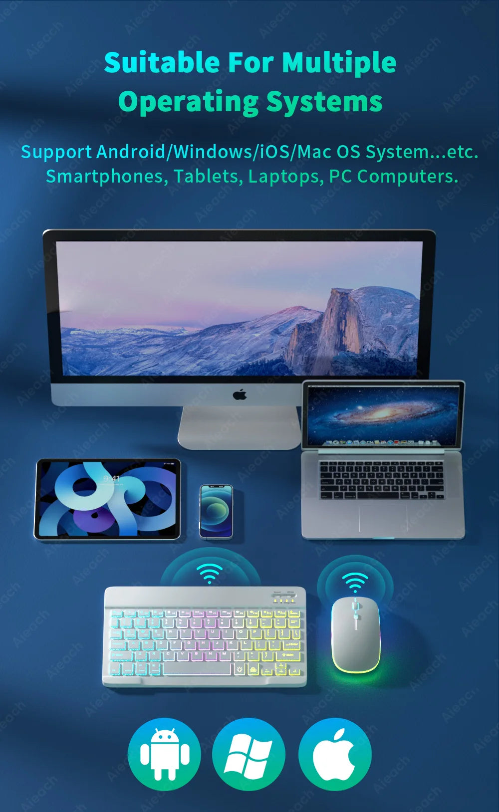 Keyboard For Tablet Android iOS Windows Wireless Mouse Keyboard Bluetooth-compatible Rainbow Backlit Keyboard For iPad Phone