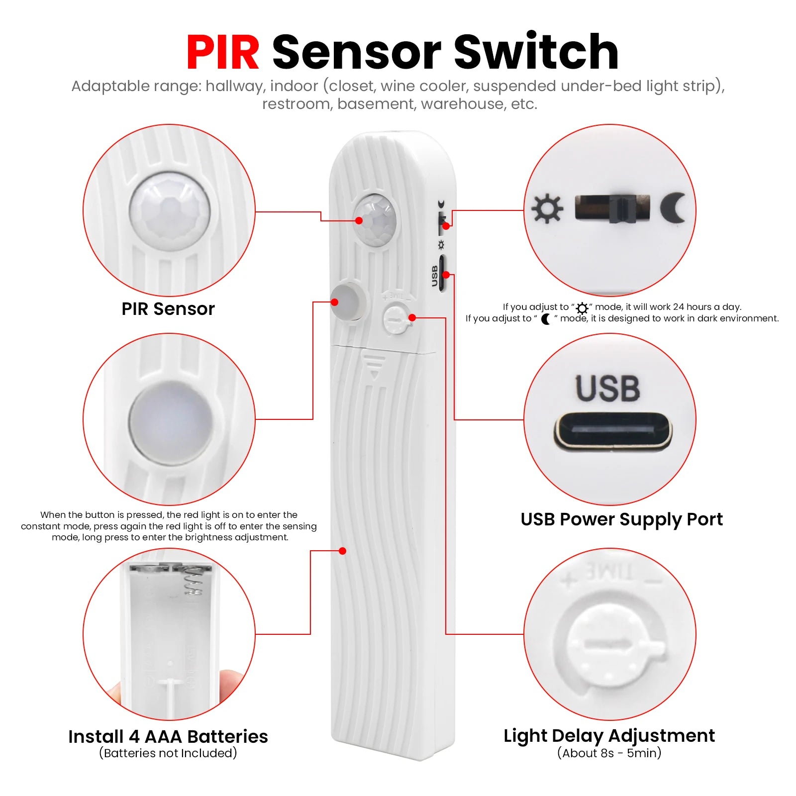 8MM COB Led Strip 5V with Motion Sensor Battery Powered 320LEDs/M Led Induction Night Light Warm White Red Ice Blue Green Yellow
