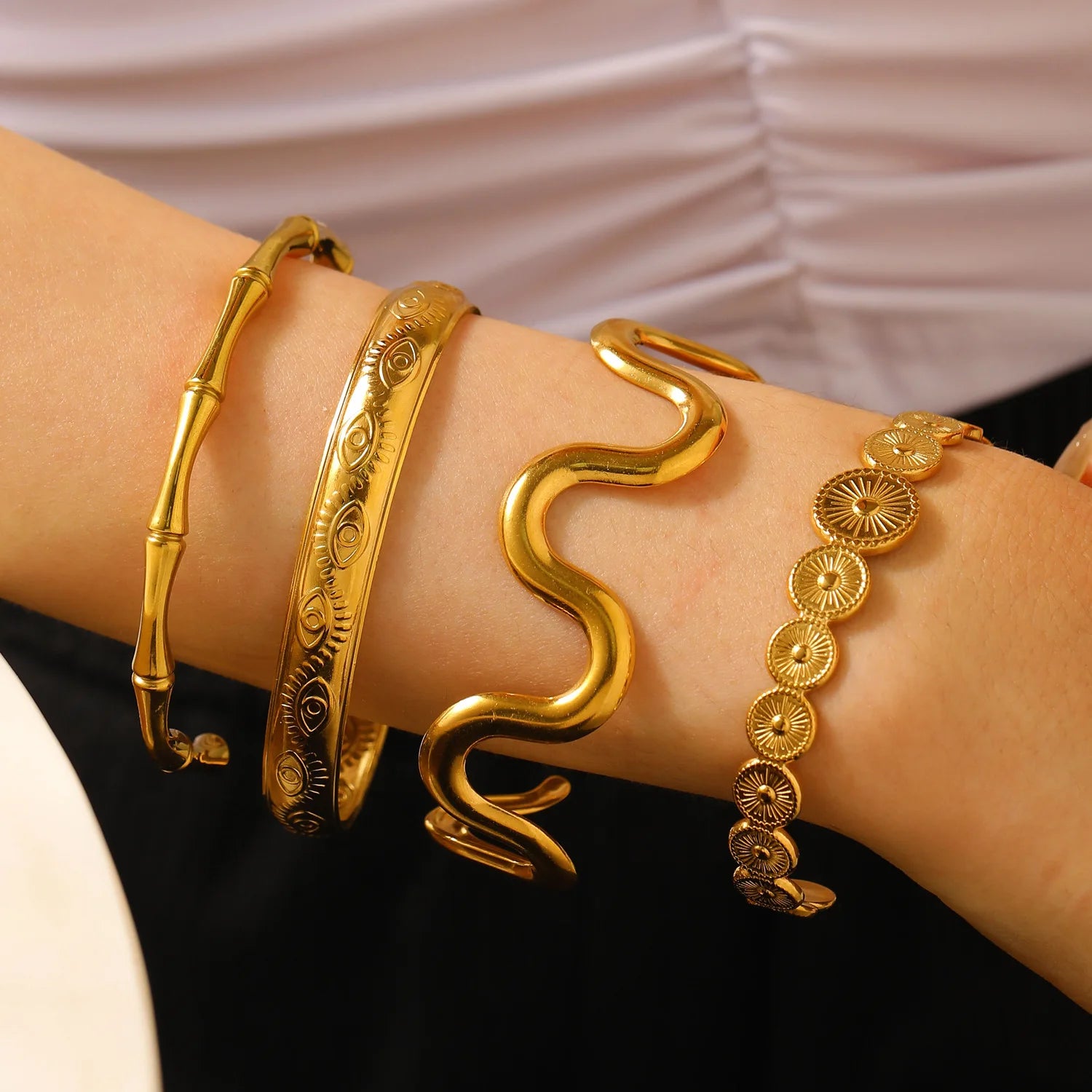 18k Gold-Style Plated Stainless Steel Snake Line Cuff Bangle