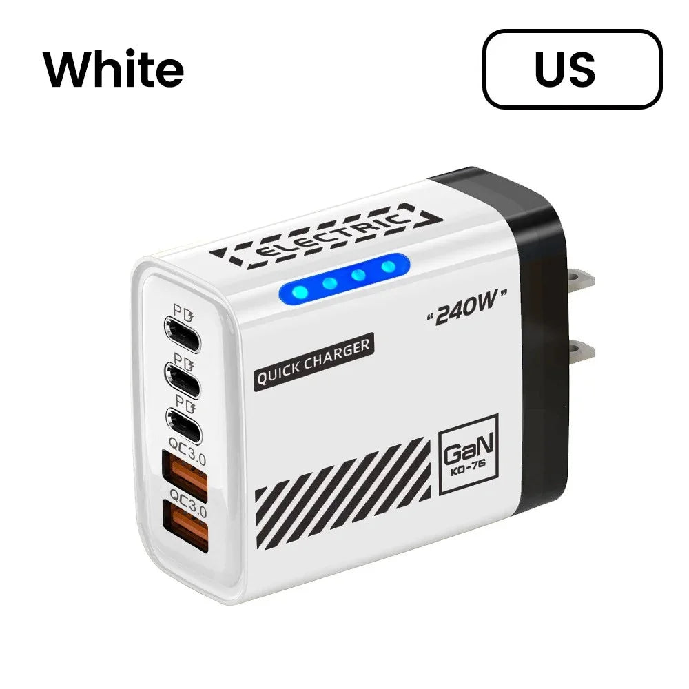 240W GaN 5 Port Fast Charging Station 3PD 2USB Desk Adapter For iPhone 17 16 15 Pro Samsung Xiaomi EU US Wall Plug USB C Charger